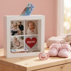 Bilderrahmen Spardose mit drei Fotos und Ihrem Wunschtext