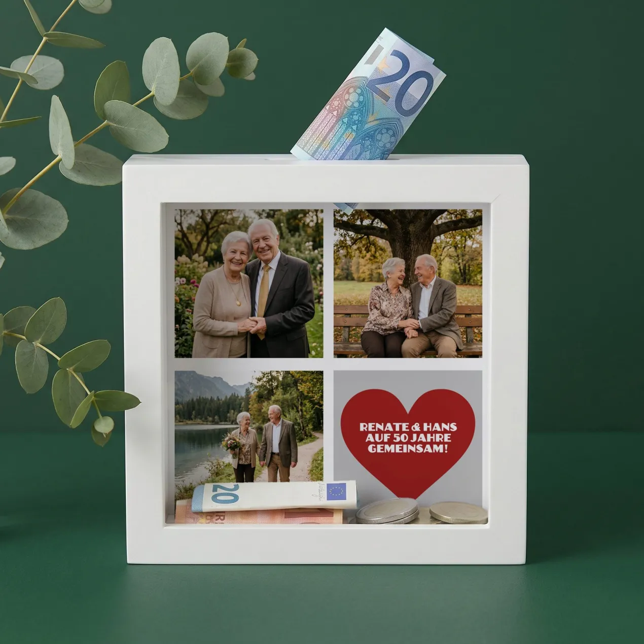 Bilderrahmen Spardose mit drei Fotos und Ihrem Wunschtext