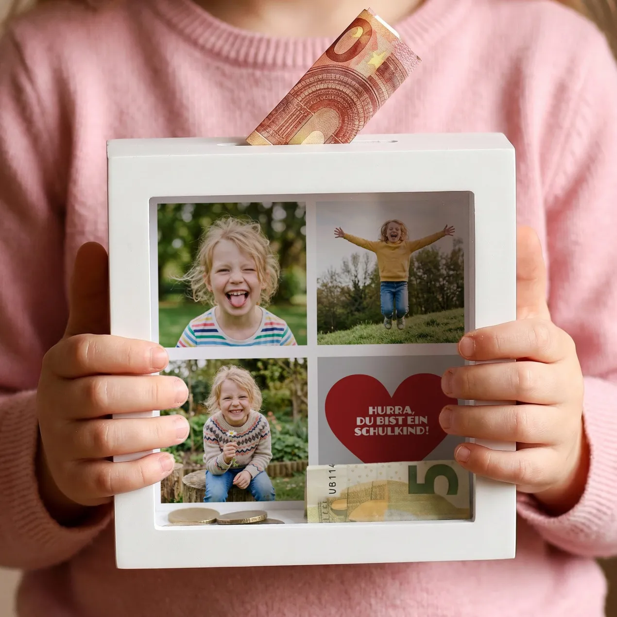 Bilderrahmen Spardose mit drei Fotos und Ihrem Wunschtext