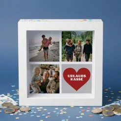 Bilderrahmen Spardose mit drei Fotos und Ihrem Wunschtext