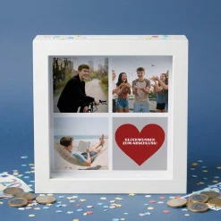 Bilderrahmen Spardose mit drei Fotos und Ihrem Wunschtext