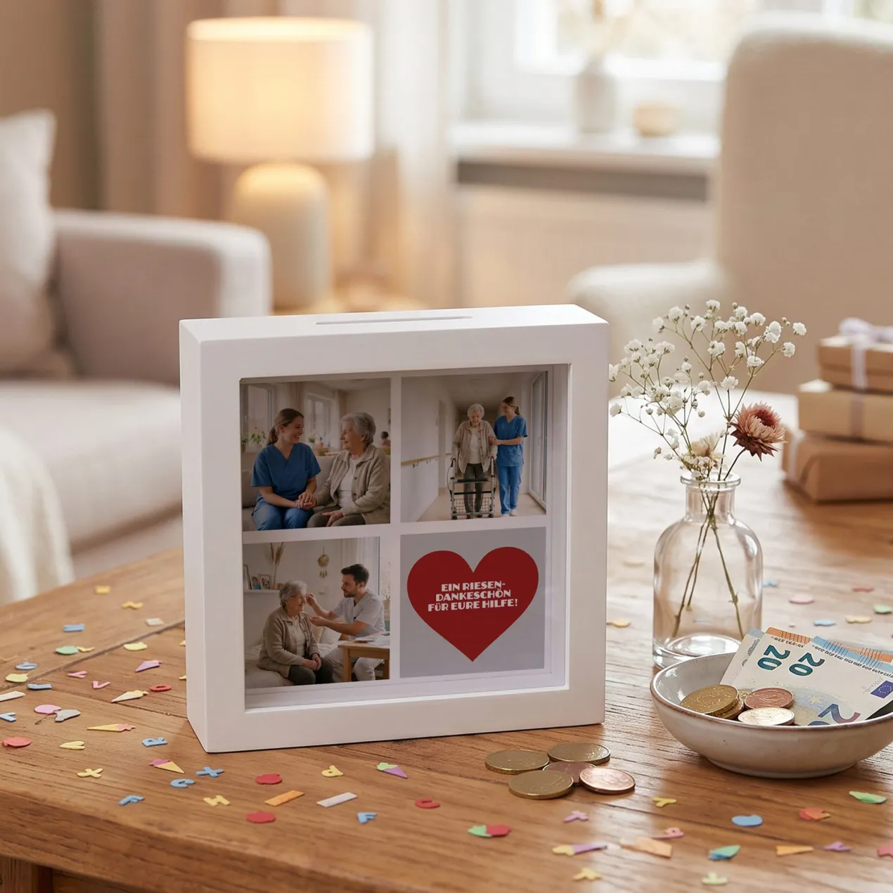 Bilderrahmen Spardose mit drei Fotos und Ihrem Wunschtext