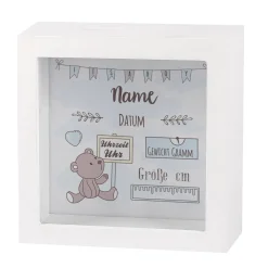 Bilderrahmenspardose mit Teddymotiv zur Geburt für Jungen