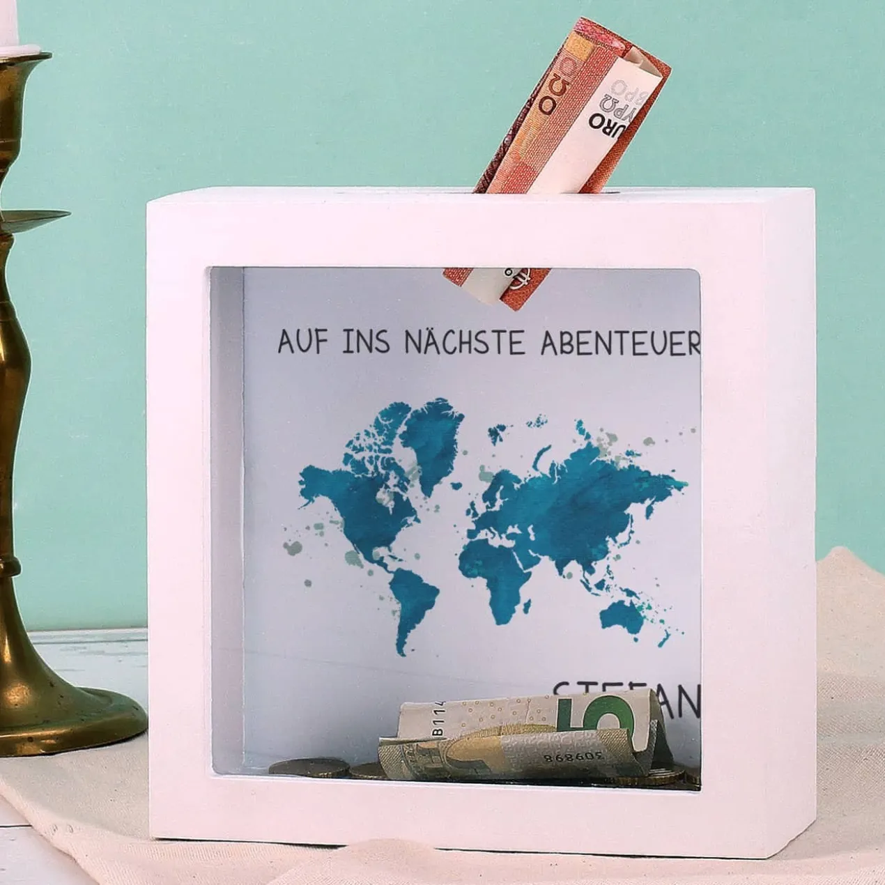 Bilderrahmen Spardose mit Weltkarte