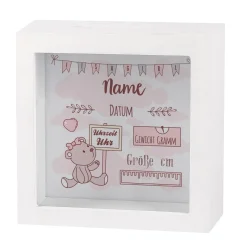 Bilderrahmenspardose zur Geburt mit Teddymotiv für Mädchen