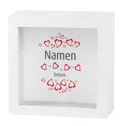 Bilderrahmen Spardose zur Hochzeit mit Herzen, Namen und Datum bedruckt