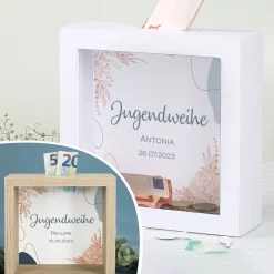Bilderrahmenspardose zur Jugendweihe mit Wunschname und Datum