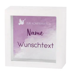 Bilderrahmen Spardose zur Konfirmation mit Name und Wunschtext in violett