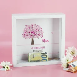 Bilderrahmen Spardose zur Taufe, Kommunion oder Konfirmation mit Lebensbaum in rosa