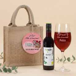 Biorebe Bio Wein Geschenkset zum Geburtstag Alte Schachtel mit Weinglas & Jutetasche personalisiert