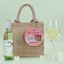 Biorebe Bio Wein Geschenkset zum Geburtstag Alte Schachtel mit Weinglas & Jutetasche personalisiert