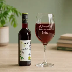 Biorebe Bio Wein Geschenkset zum Geburtstag Alte Schachtel mit Weinglas & Jutetasche personalisiert