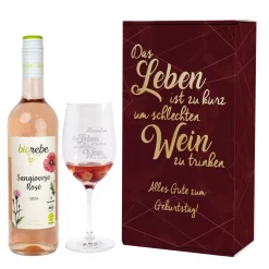 Biorebe Wein und Weinglas in personalisierter Geschenkverpackung
