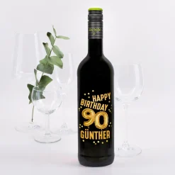 Biorebe Wein zum 90. Geburtstag personalisiert mit Name | Luftballon & Konfetti Design