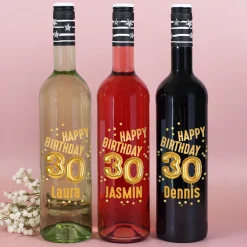 Biorebe Wein zum 30. Geburtstag personalisiert mit Name | Luftballon & Konfetti Design