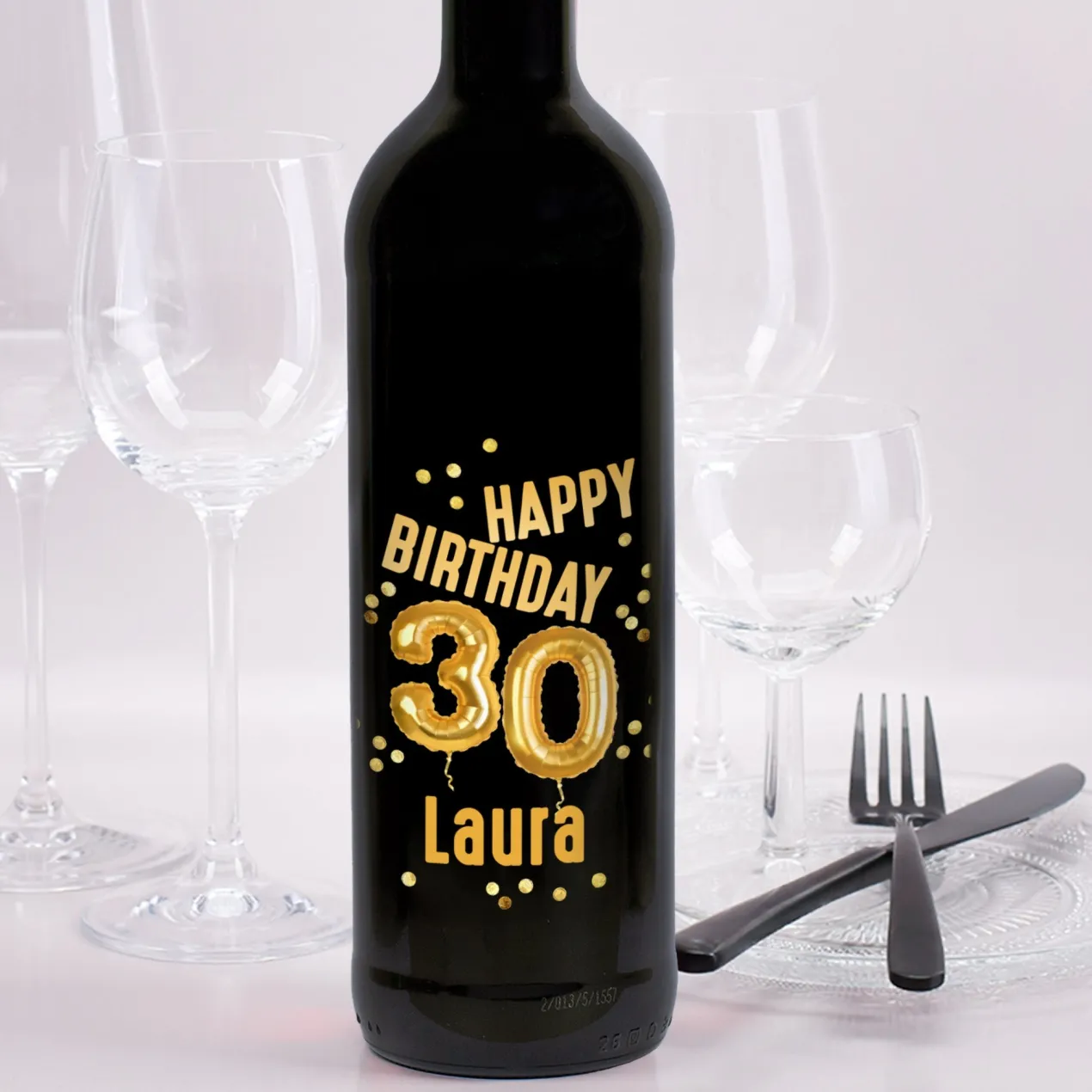 Biorebe Wein zum 30. Geburtstag personalisiert mit Name | Luftballon & Konfetti Design