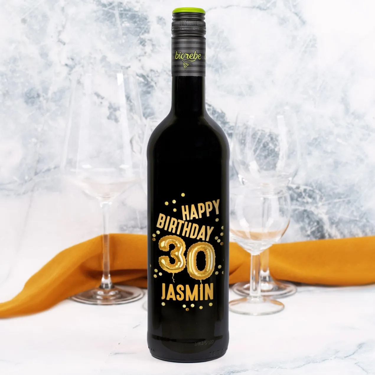 Biorebe Wein zum 30. Geburtstag personalisiert mit Name | Luftballon & Konfetti Design