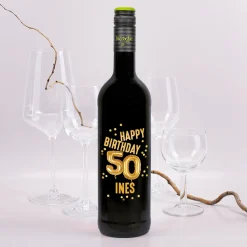 Biorebe Wein zum 50. Geburtstag personalisiert mit Name | Luftballon & Konfetti Design