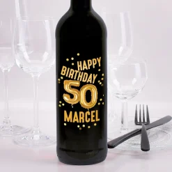 Biorebe Wein zum 50. Geburtstag personalisiert mit Name | Luftballon & Konfetti Design