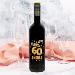Biorebe Wein zum 60. Geburtstag personalisiert mit Name | Luftballon & Konfetti Design