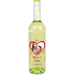 Biorebe Wein zur Hochzeit personalisiert mit Foto, Namen und Datum | Herzmotiv