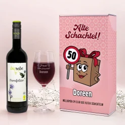Bio Wein Geschenk Set zum Geburtstag personalisiert für alte Schachteln mit Weinglas & Geschenkbox