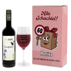 Bio Wein Geschenk Set zum Geburtstag personalisiert für alte Schachteln mit Weinglas & Geschenkbox