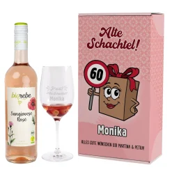 Bio Wein Geschenk Set zum Geburtstag personalisiert für alte Schachteln mit Weinglas & Geschenkbox