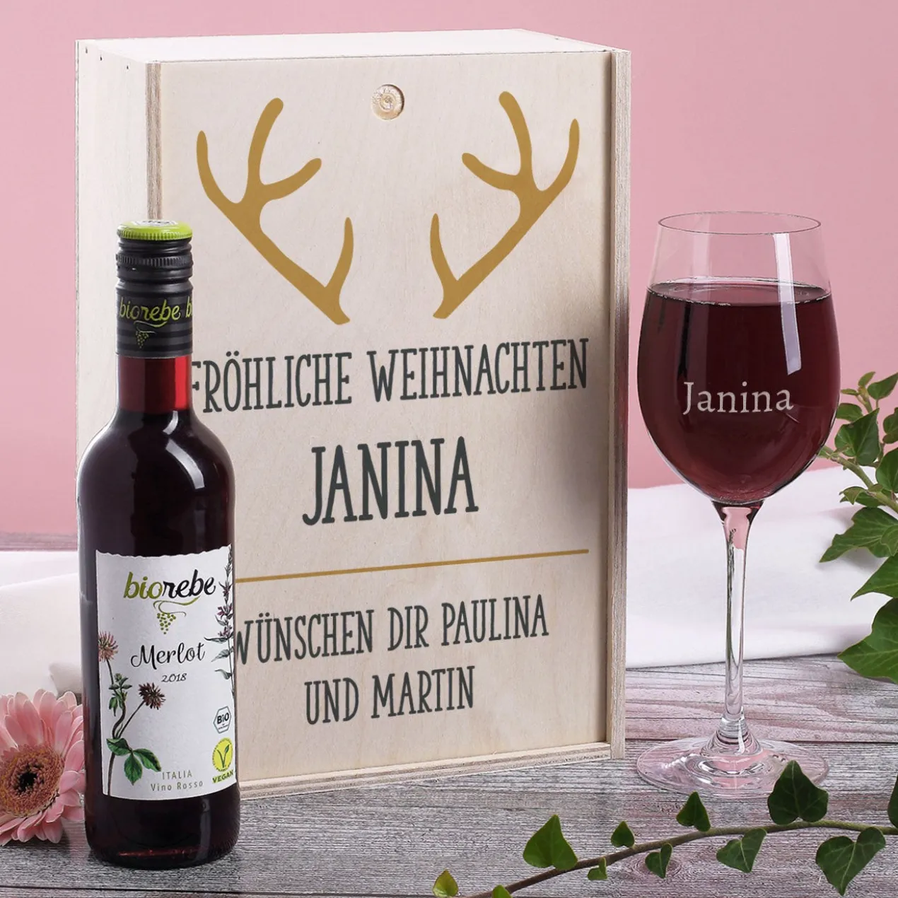 Bio Wein Geschenkset zu Weihnachten mit graviertem Glas und Box