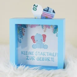 blaue Bilderrahmenspardose zur Geburt