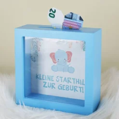 blaue Bilderrahmenspardose zur Geburt