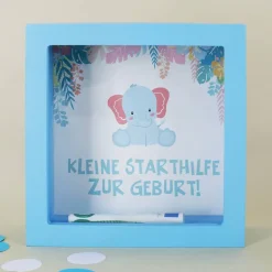 blaue Bilderrahmenspardose zur Geburt