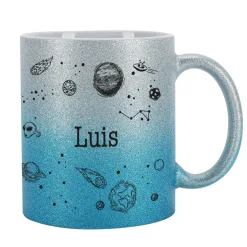 blaue Glitzertasse mit coolem Weltallmotiv