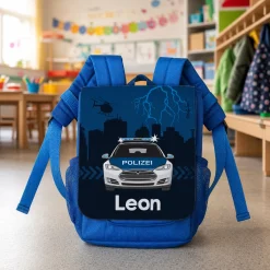 Blauer Kinderrucksack mit Polizeiauto und Name | Personalisierter Polizei Kindergartenrucksack