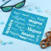Blaues Brillenputztuch mit Ihrem Namen in verschiedenen Schriftarten
