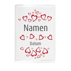 Blechpostkarte mit Namen, Datum und Herzchen