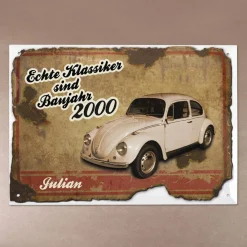 Blechschild mit Autoklassiker personalisiert mit Name und Jahr