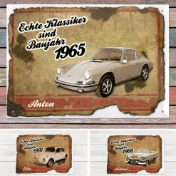 Blechschild mit Autoklassiker personalisiert mit Name und Jahr