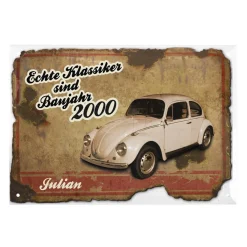 Blechschild mit Autoklassiker personalisiert mit Name und Jahr