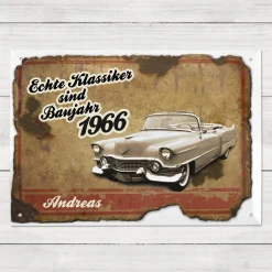 Blechschild mit Autoklassiker personalisiert mit Name und Jahr