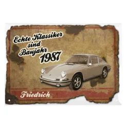Blechschild mit Autoklassiker personalisiert mit Name und Jahr
