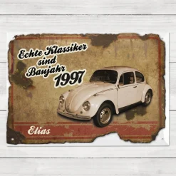 Blechschild mit Autoklassiker personalisiert mit Name und Jahr