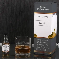 Bowmore Mini Flasche mit graviertem Whiskyglas im Inlay mit bedruckter Pappbox als Weihnachtsidee