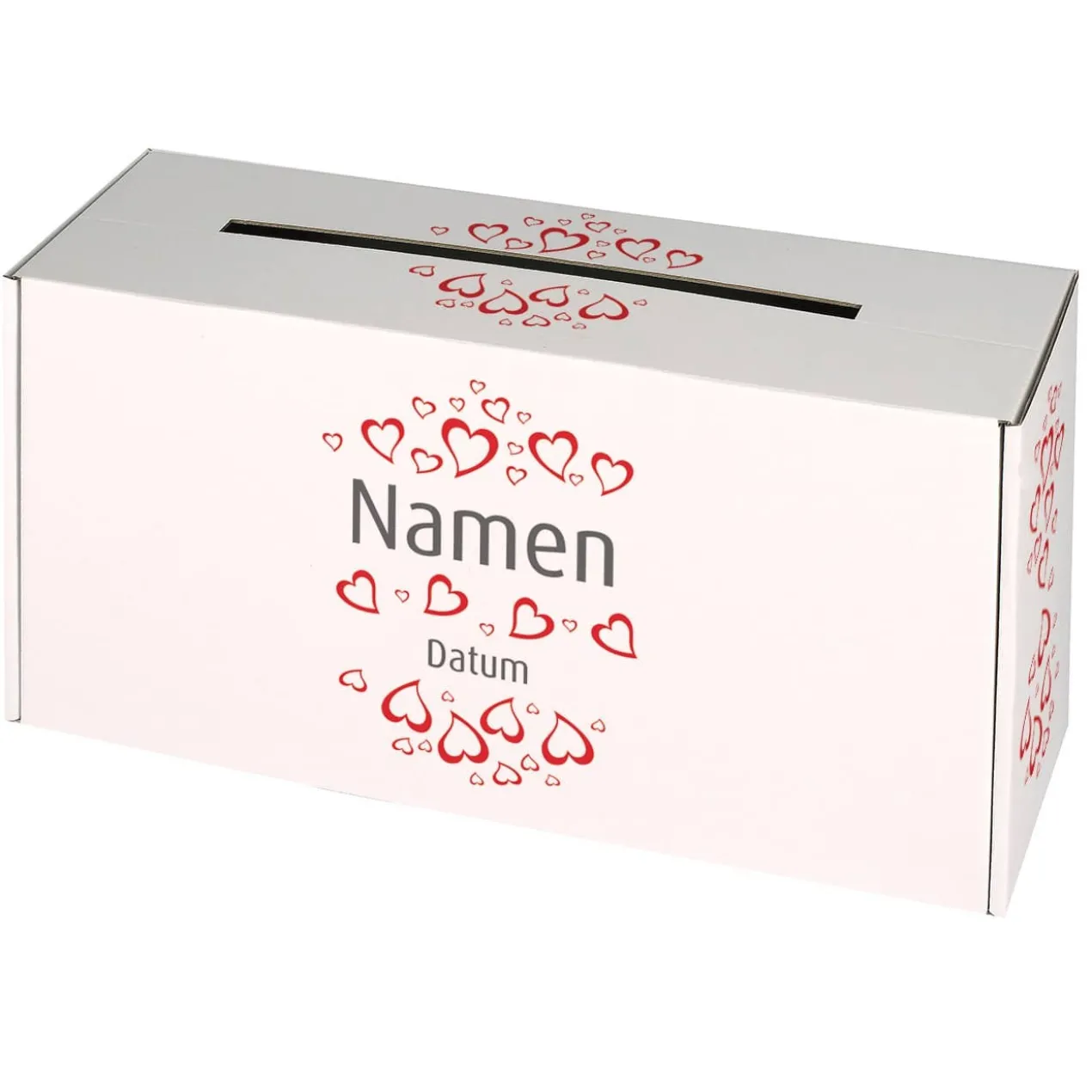 Briefbox zur Hochzeit mit Herzen, Namen und Datum bedruckt