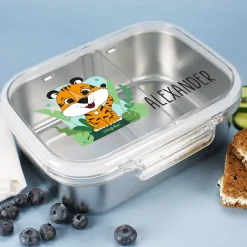 Brotdose aus Edelstahl mit Tiger-Motiv und Wunschname