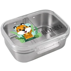 Brotdose aus Edelstahl mit Tiger-Motiv und Wunschname