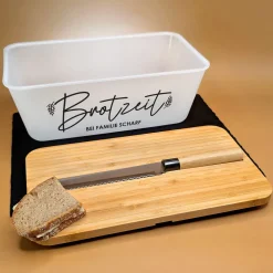 Brotkasten mit Messer & Bambus Schneidebrett | Personalisiert mit Wunschtext für die Küche