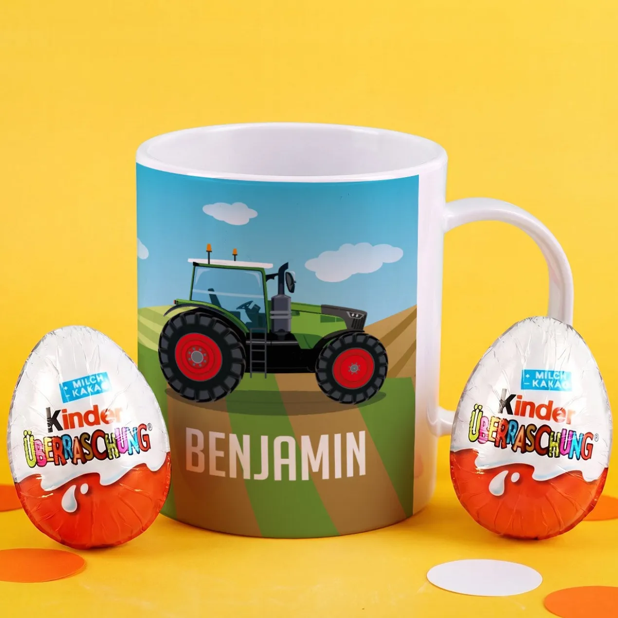 Bruchfeste Kindertasse mit grünem Traktor und Name