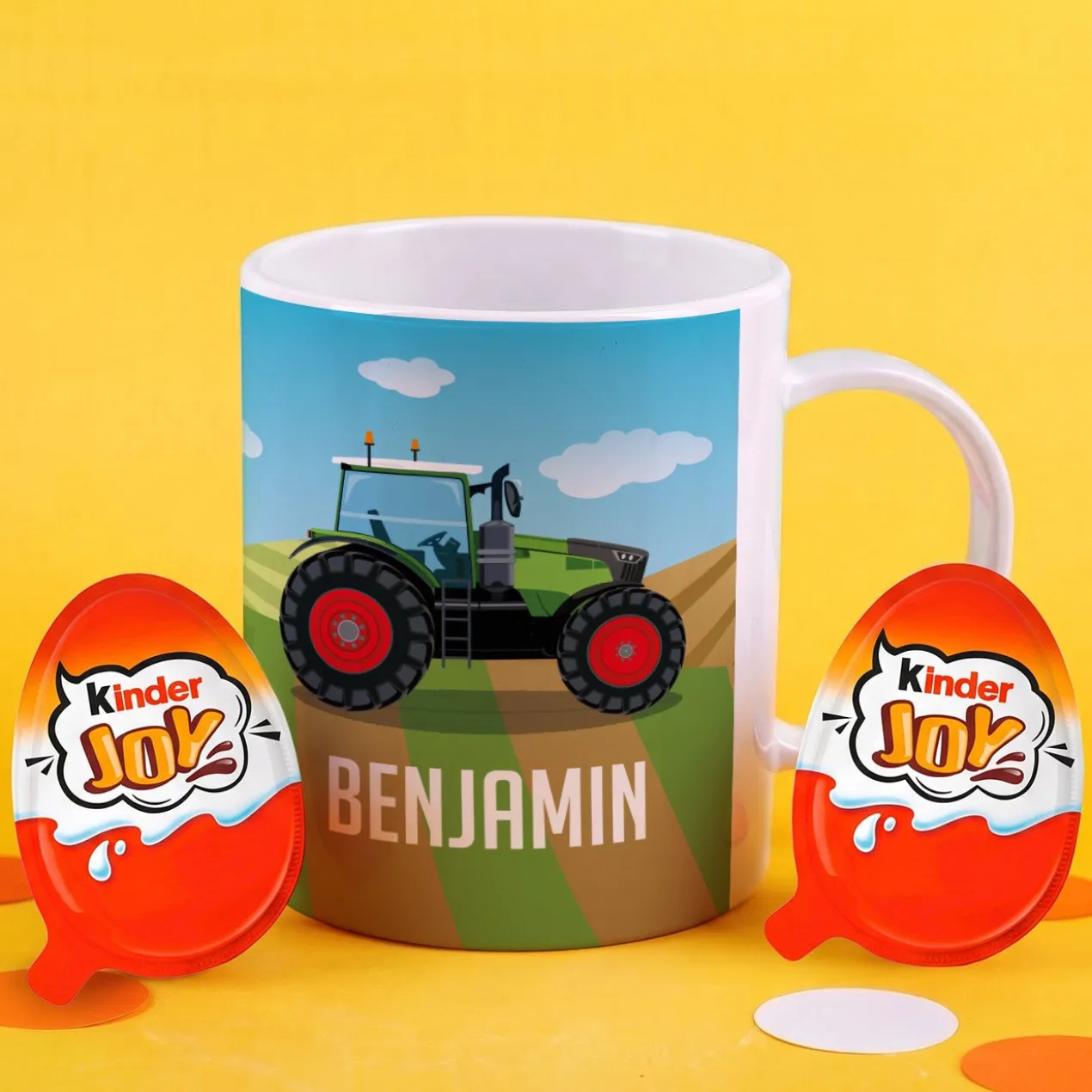 Bruchfeste Kindertasse mit grünem Traktor und Name