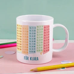 Bruchfeste Tasse zum Schulanfang mit Einmaleins und Wunschtext als Geschenk für Kinder